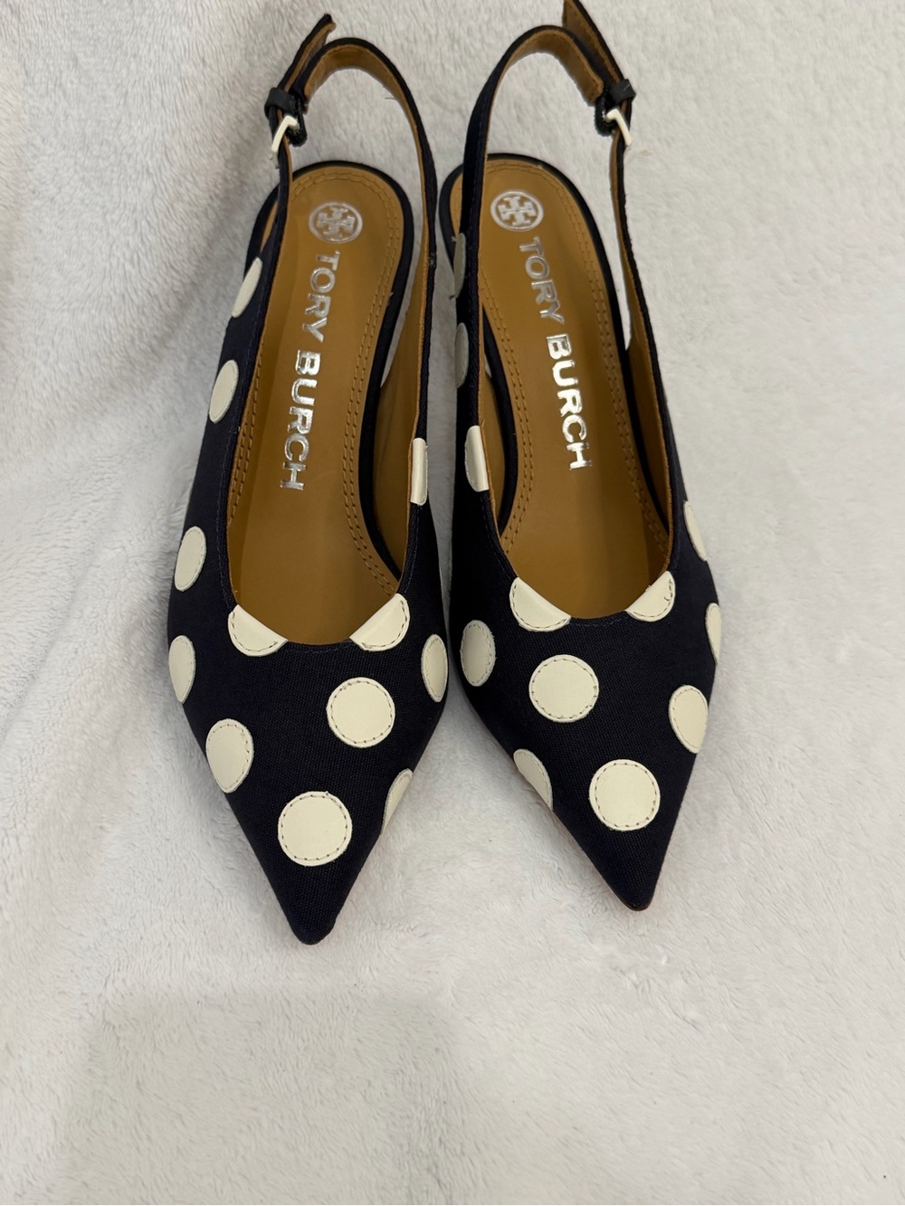 Tory Burch Polka Dot Slingback Heels Size 6M Navy White Pointed Toe Kitten Heel - Picture 5 of 16